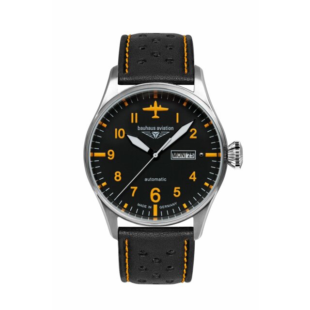 bauhaus Aviation Herrenuhr Automatik mit Lederarmband orange / schwarz 27665